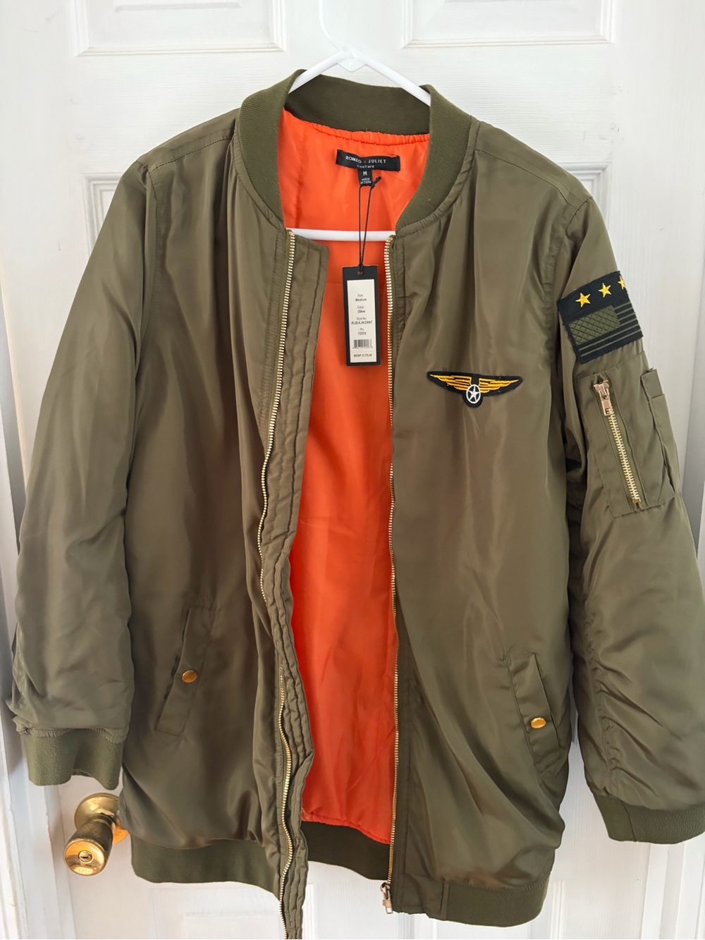 Romeo & Juliet Couture Olive Green Bomber Jacket with Orange Lining